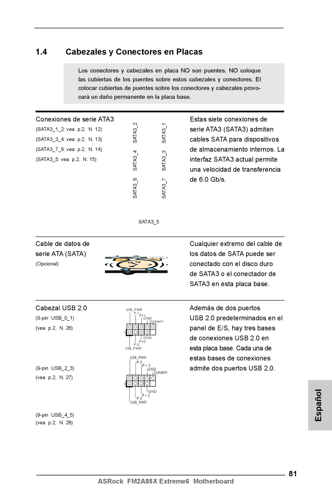 ASRock FM2A85X Extreme6 manual Cabezales y Conectores en Placas 