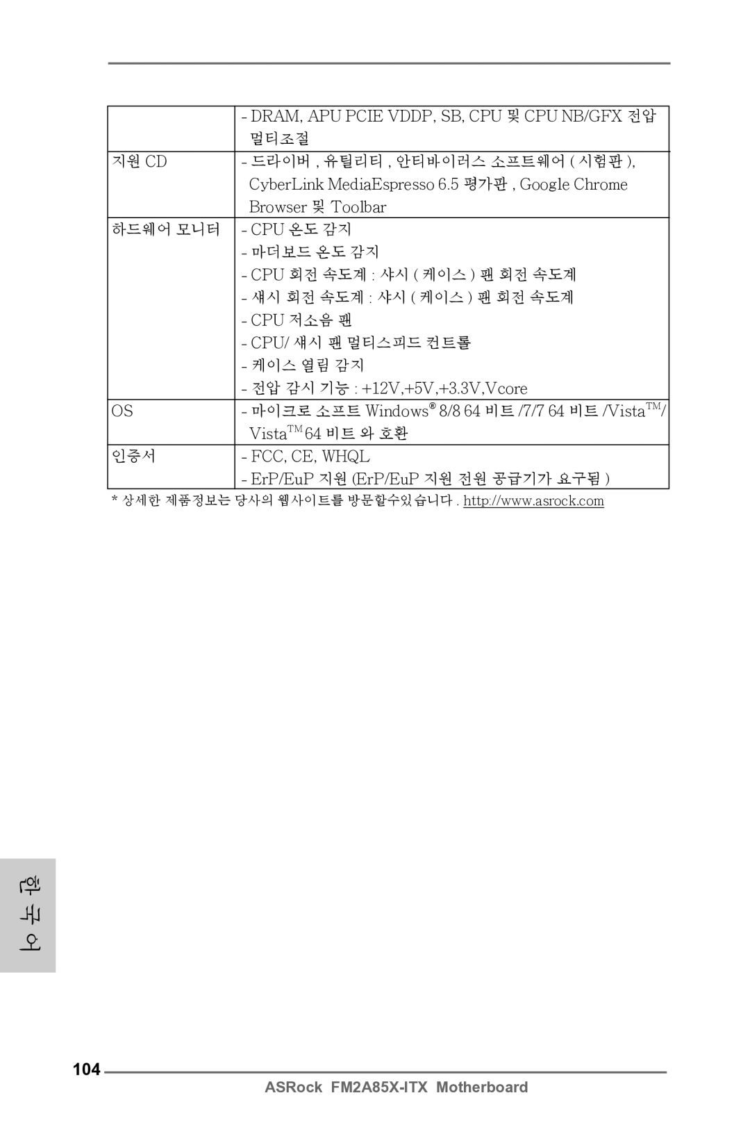 ASRock FM2A85X-ITX manual 104, DRAM, APU Pcie VDDP, SB, CPU 및 CPU NB/GFX 전압, 멀티조절, ErP/EuP 지원 ErP/EuP 지원 전원 공급기가 요구됨 