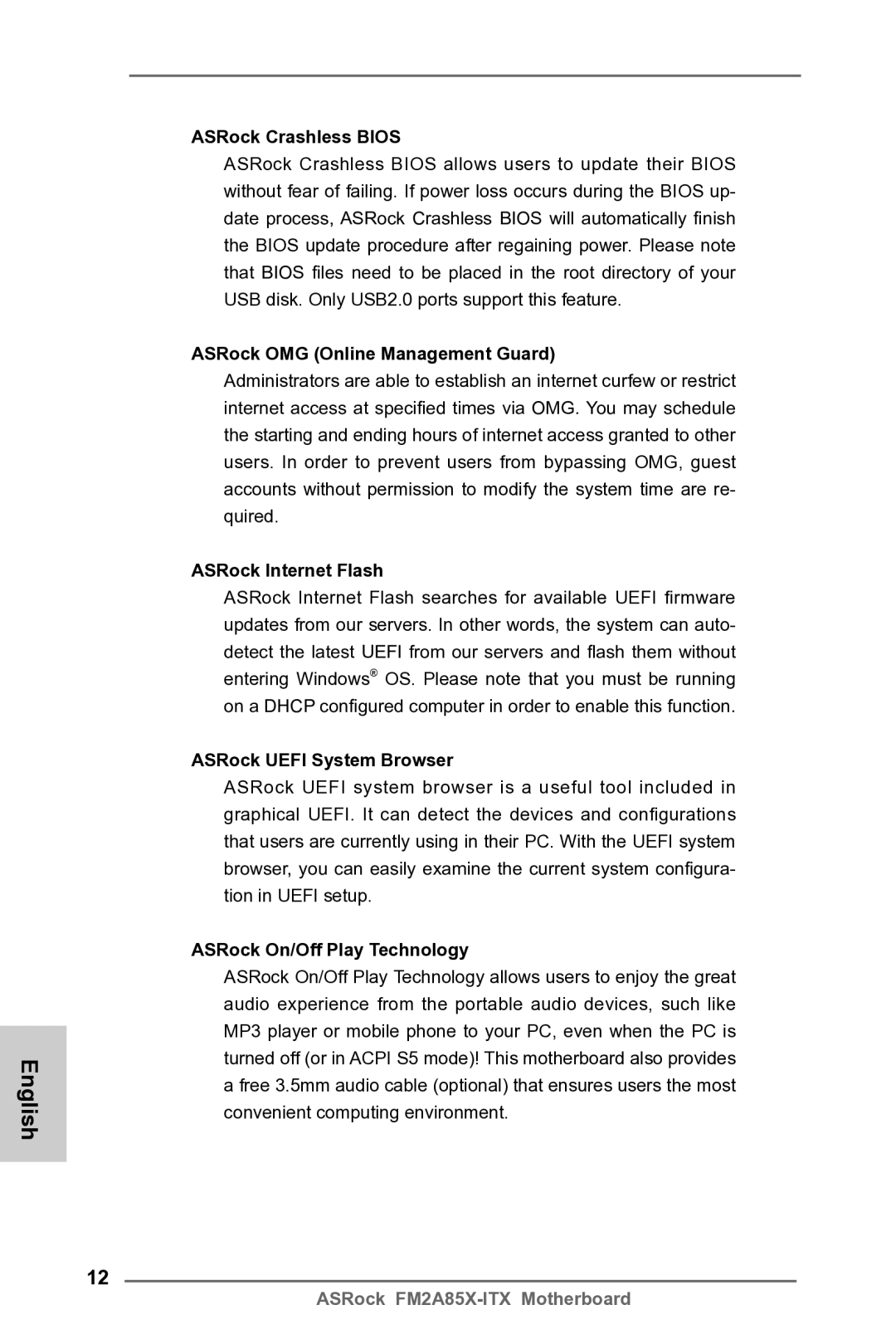 ASRock FM2A85X-ITX manual ASRock Crashless Bios, ASRock OMG Online Management Guard, ASRock Internet Flash 