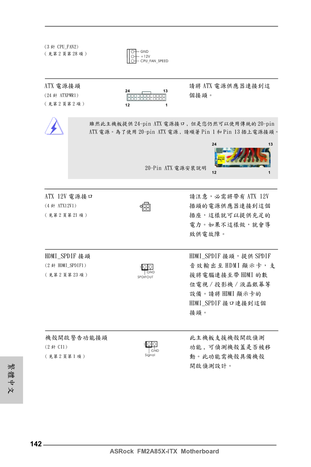 ASRock FM2A85X-ITX manual 142, ATX 12V 電源接口 
