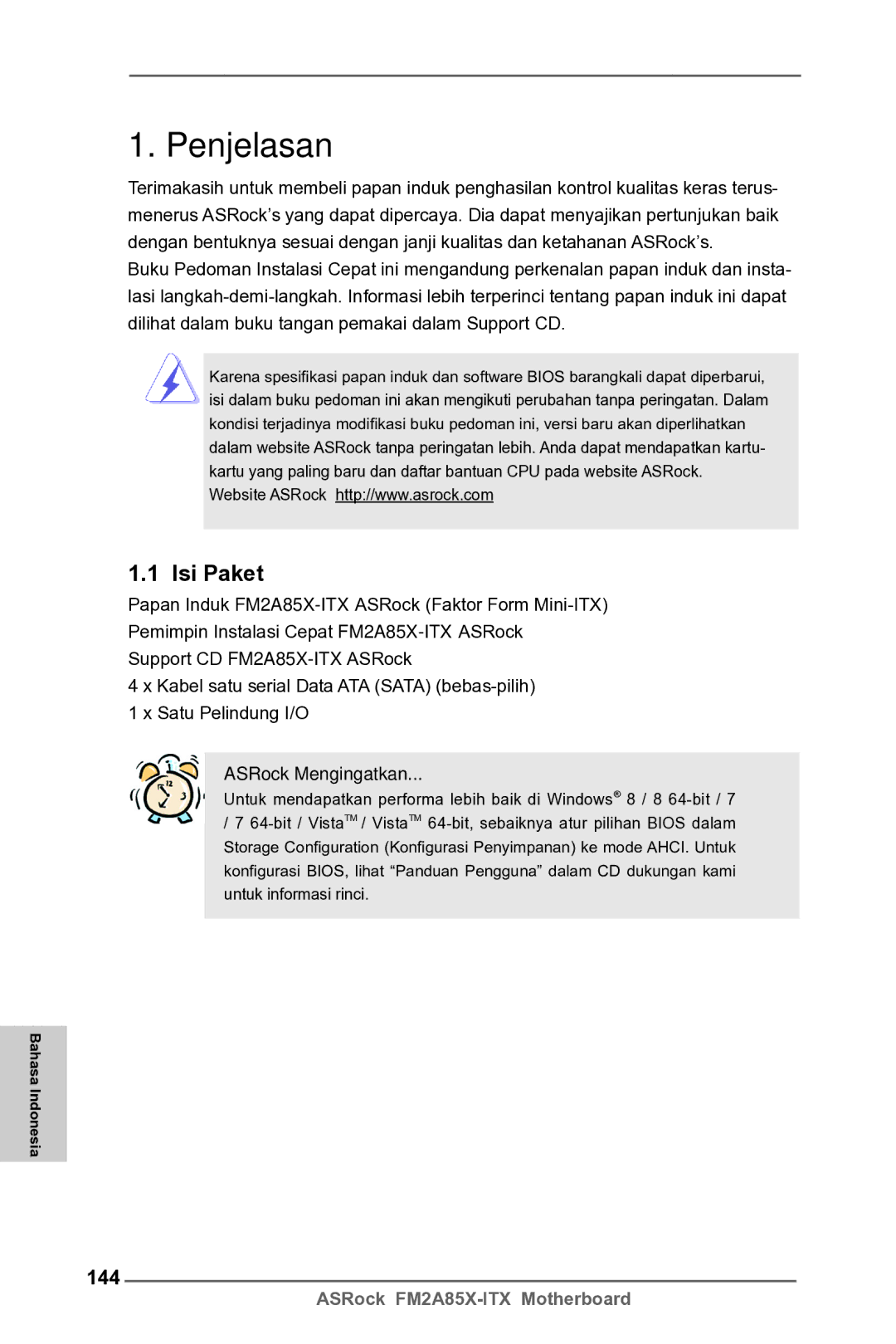 ASRock FM2A85X-ITX manual Penjelasan, Isi Paket, 144, Bahasa Indonesia 