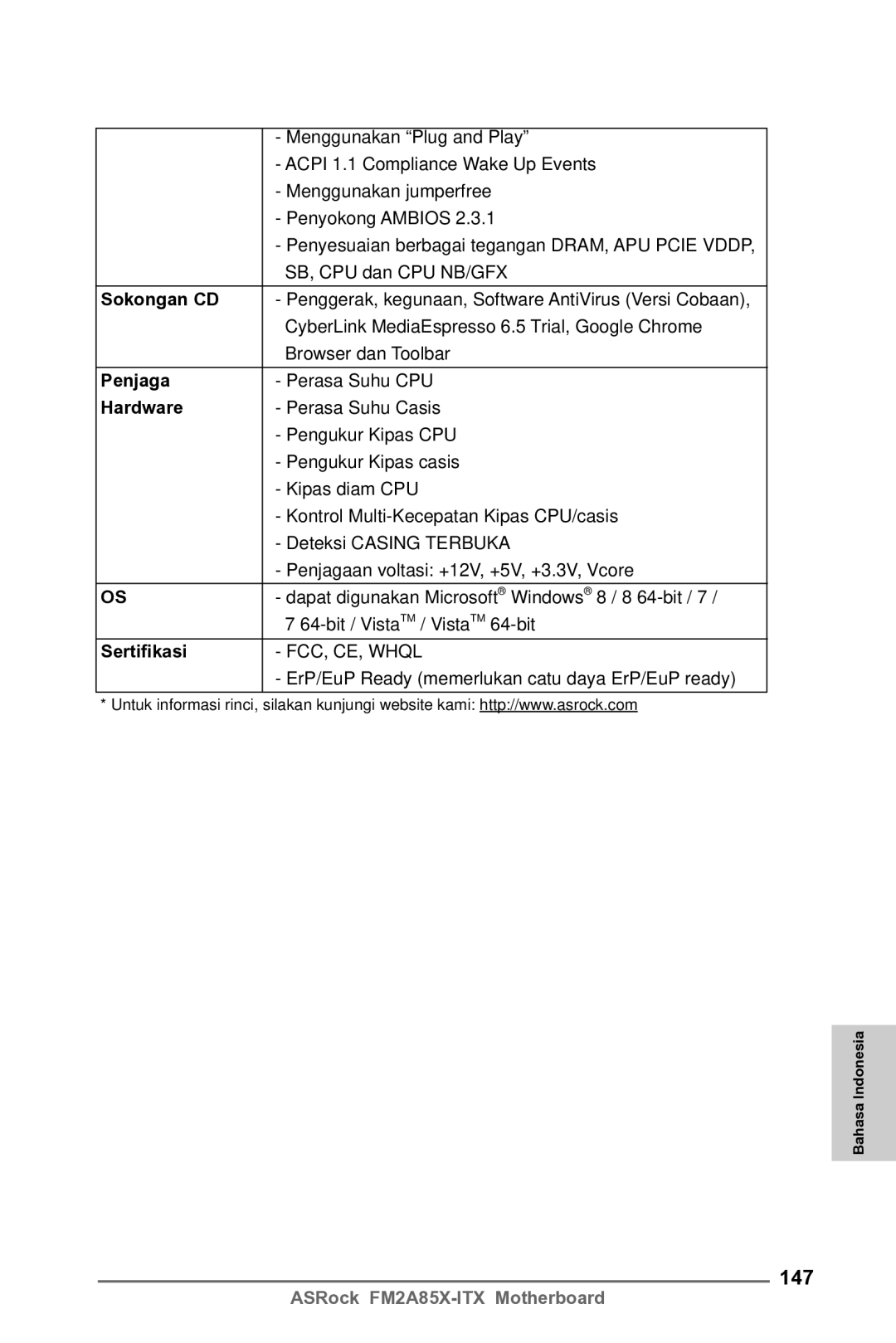 ASRock FM2A85X-ITX manual 147, Sokongan CD, Penjaga, Sertifikasi 