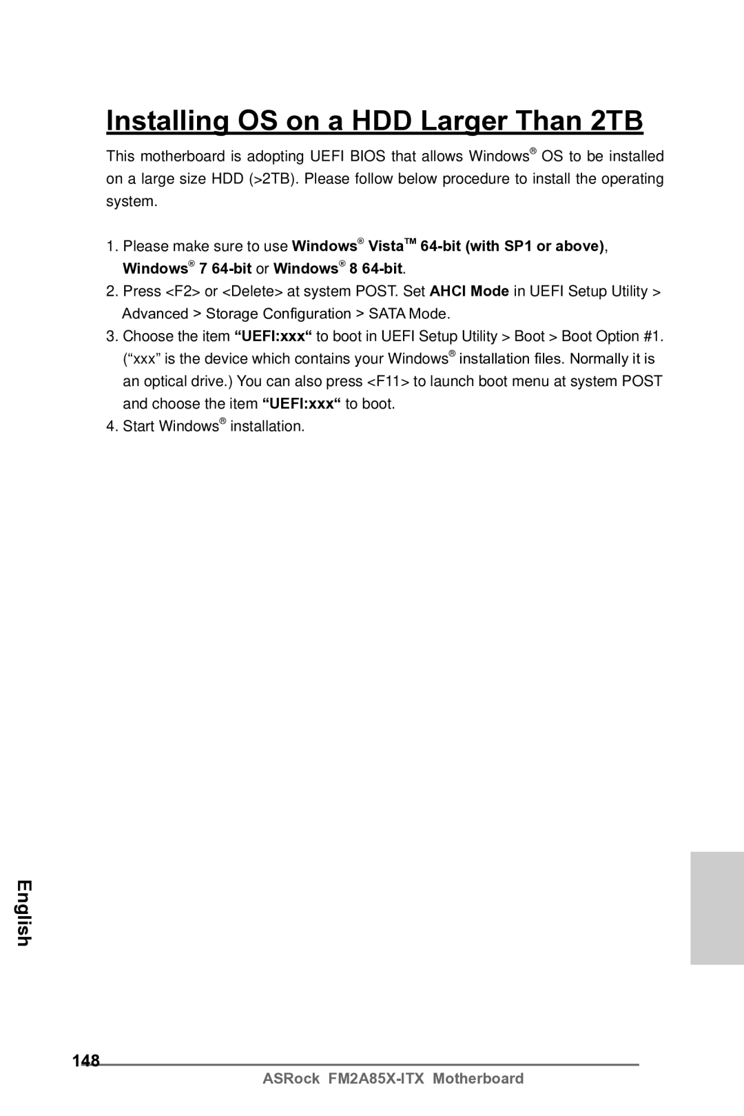 ASRock FM2A85X-ITX manual Installing OS on a HDD Larger Than 2TB, 148 