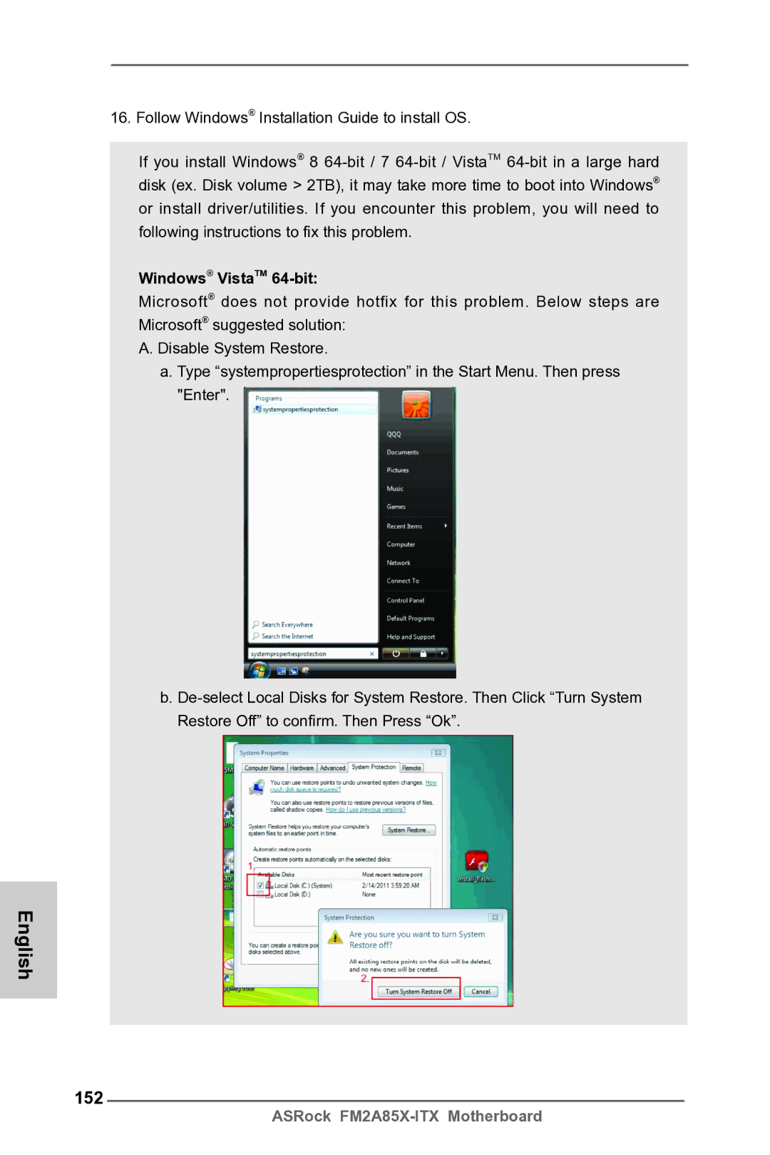 ASRock FM2A85X-ITX manual 152, Windows VistaTM 64-bit 