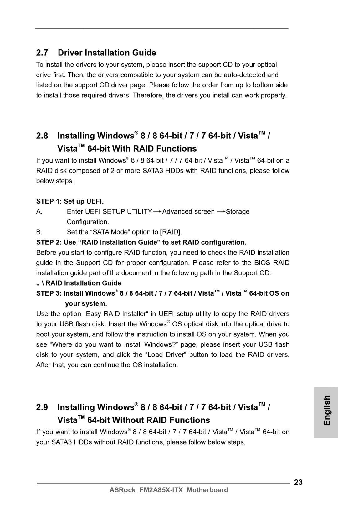 ASRock FM2A85X-ITX manual Driver Installation Guide, Set up Uefi, Use RAID Installation Guide to set RAID configuration 