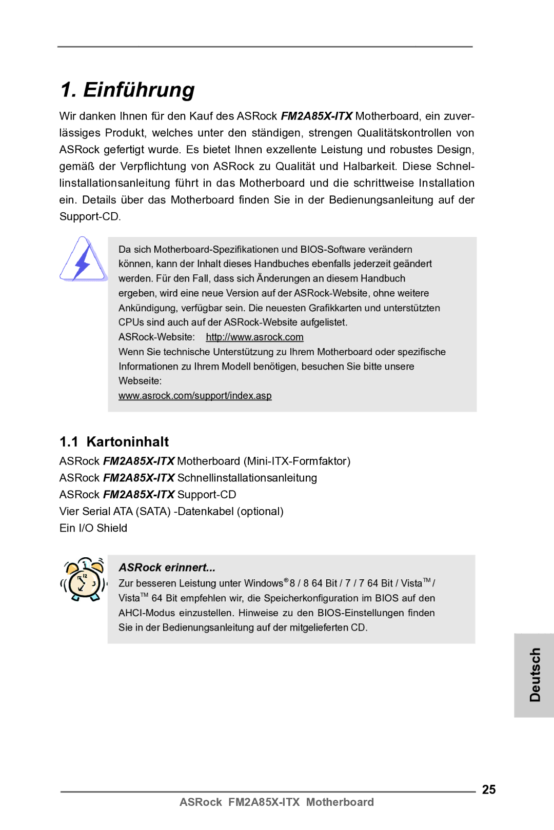 ASRock FM2A85X-ITX manual Einführung, Kartoninhalt, Deutsch 