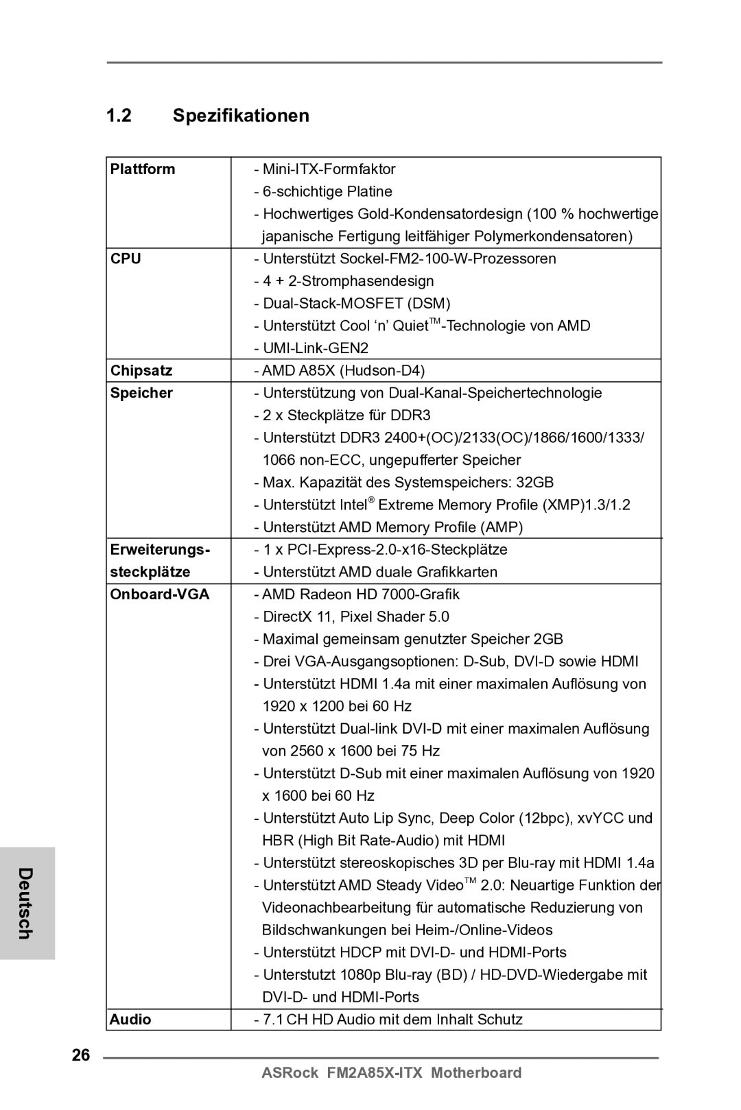 ASRock FM2A85X-ITX manual Spezifikationen Deutsch 