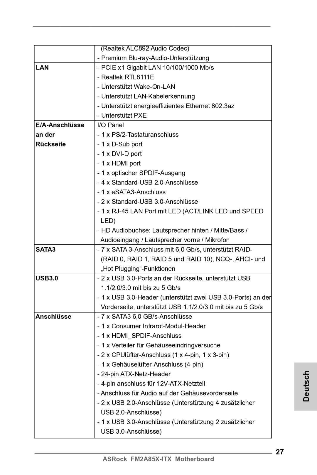 ASRock FM2A85X-ITX manual Anschlüsse, An der, Rückseite, USB3.0 