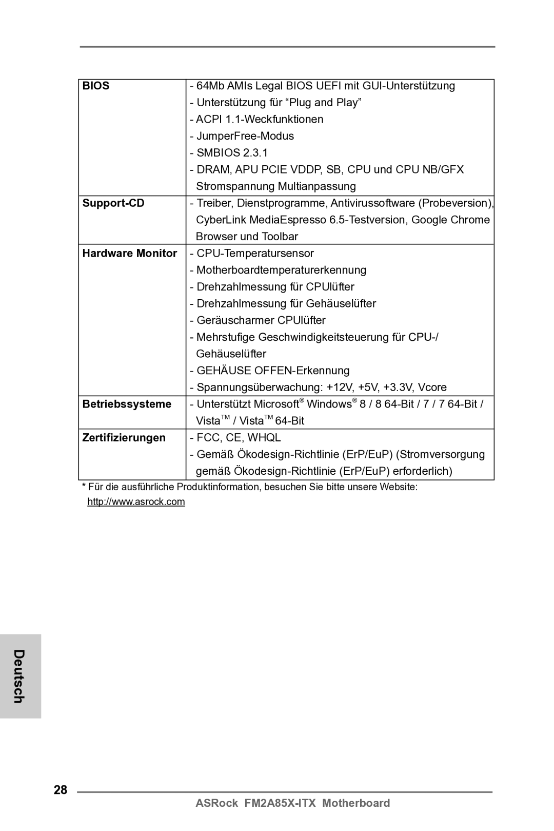 ASRock FM2A85X-ITX manual Support-CD, Hardware Monitor, Betriebssysteme, Zertifizierungen 