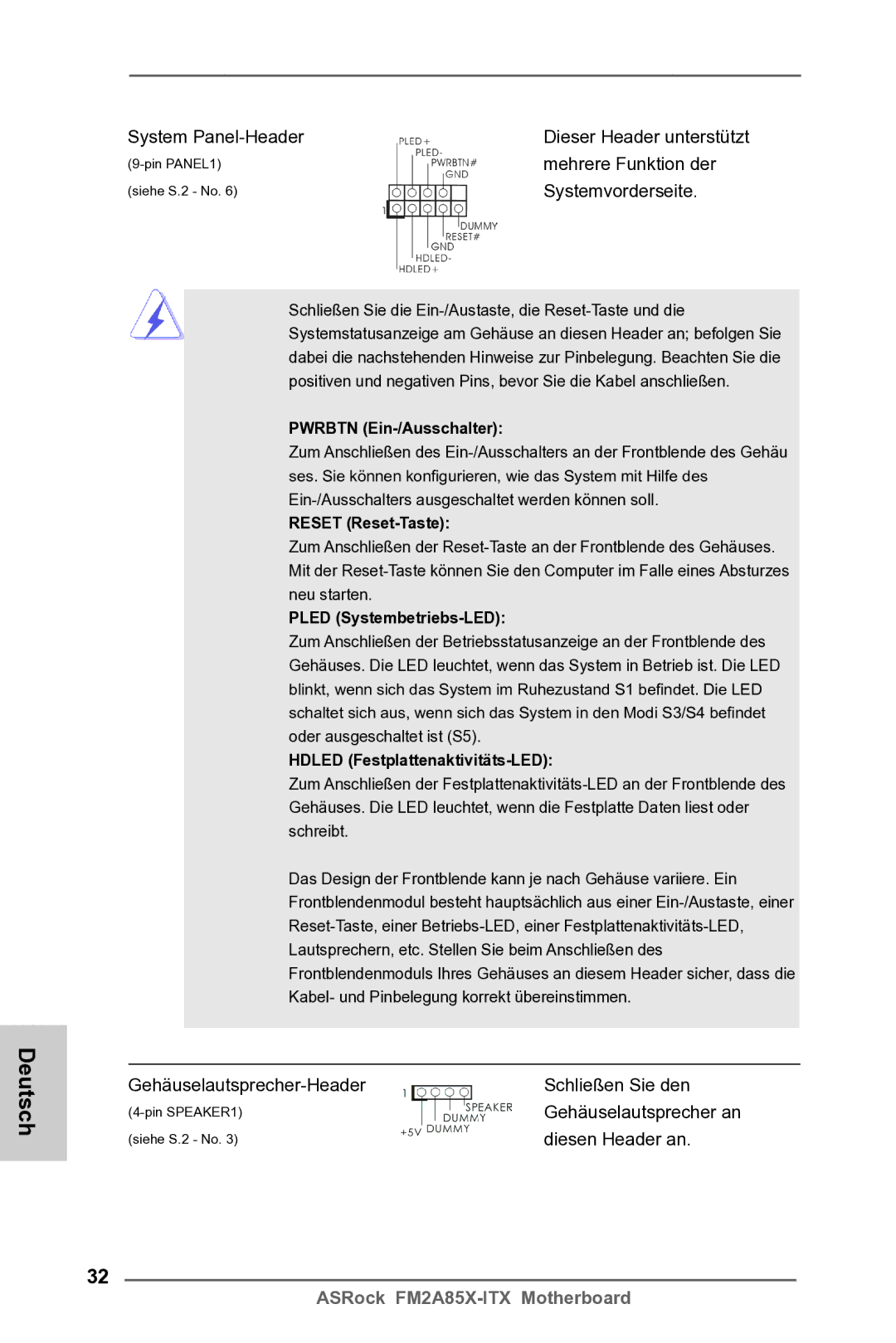 ASRock FM2A85X-ITX manual System Panel-Header, Mehrere Funktion der, Systemvorderseite, Diesen Header an 