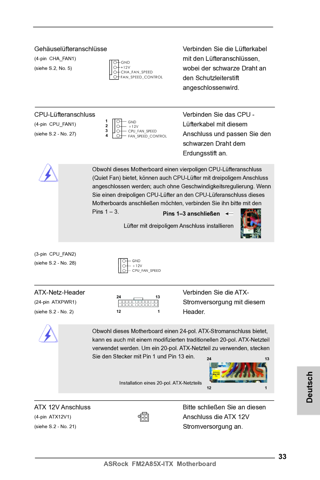 ASRock FM2A85X-ITX manual Mit den Lüfteranschlüssen, Den Schutzleiterstift, Angeschlossenwird, CPU-Lüfteranschluss, Header 