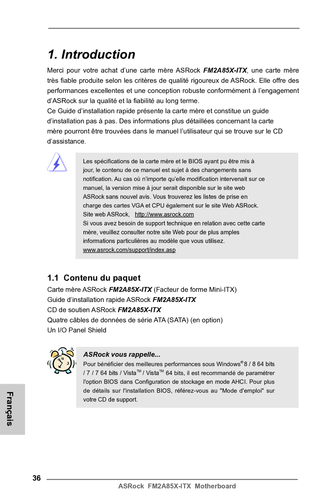 ASRock FM2A85X-ITX manual Français, Contenu du paquet 