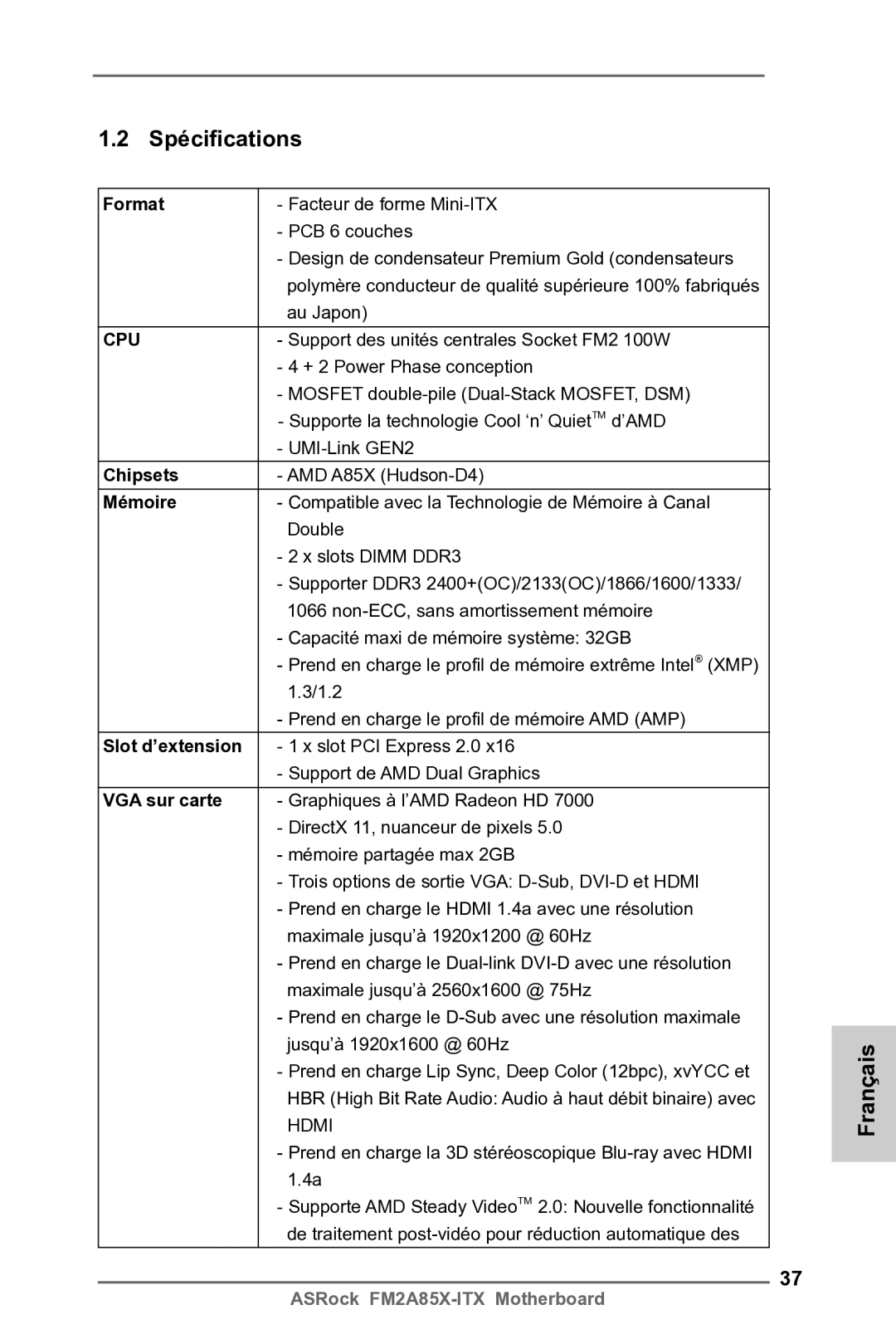 ASRock FM2A85X-ITX manual Spécifications 