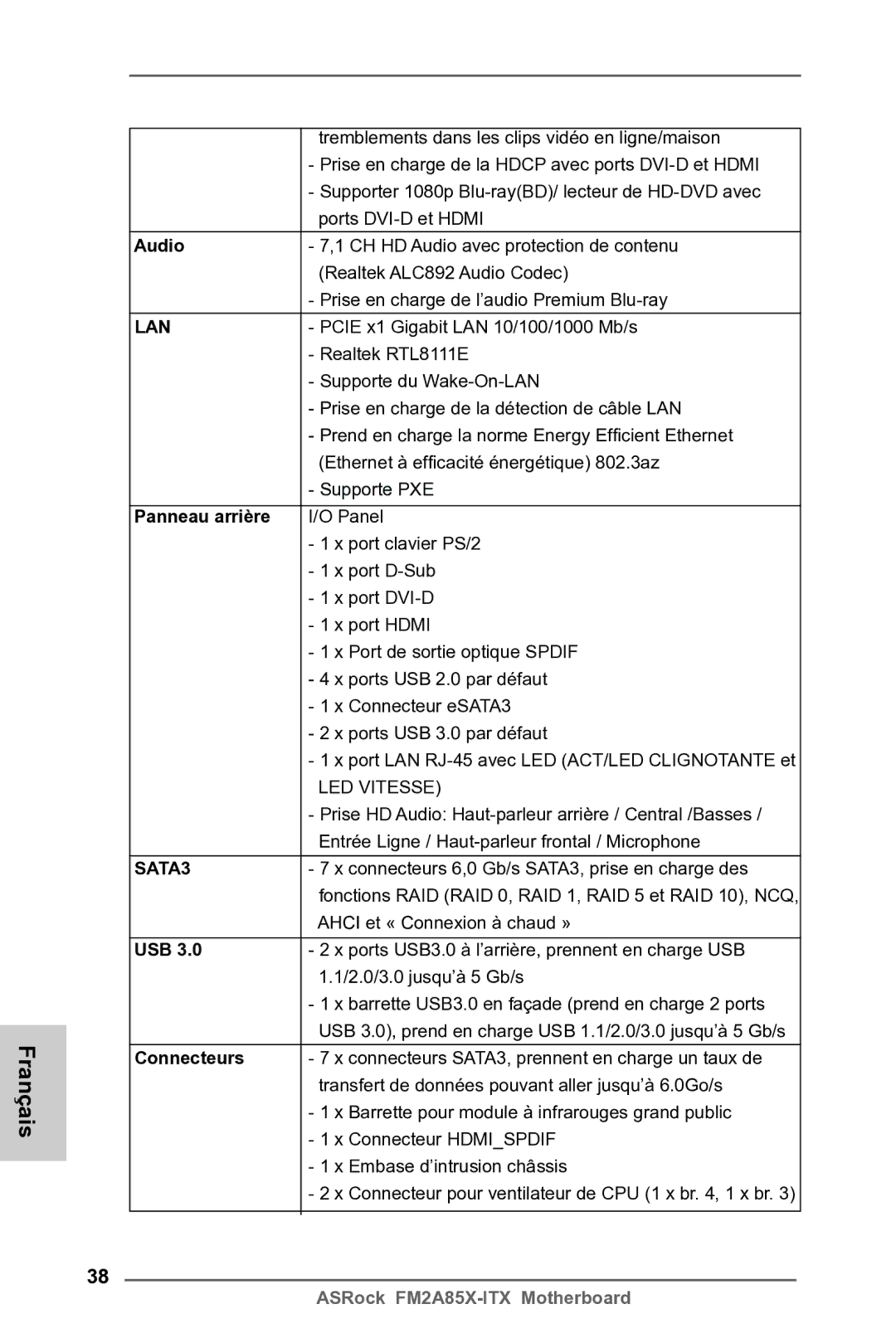 ASRock FM2A85X-ITX manual Panneau arrière, Connecteurs 