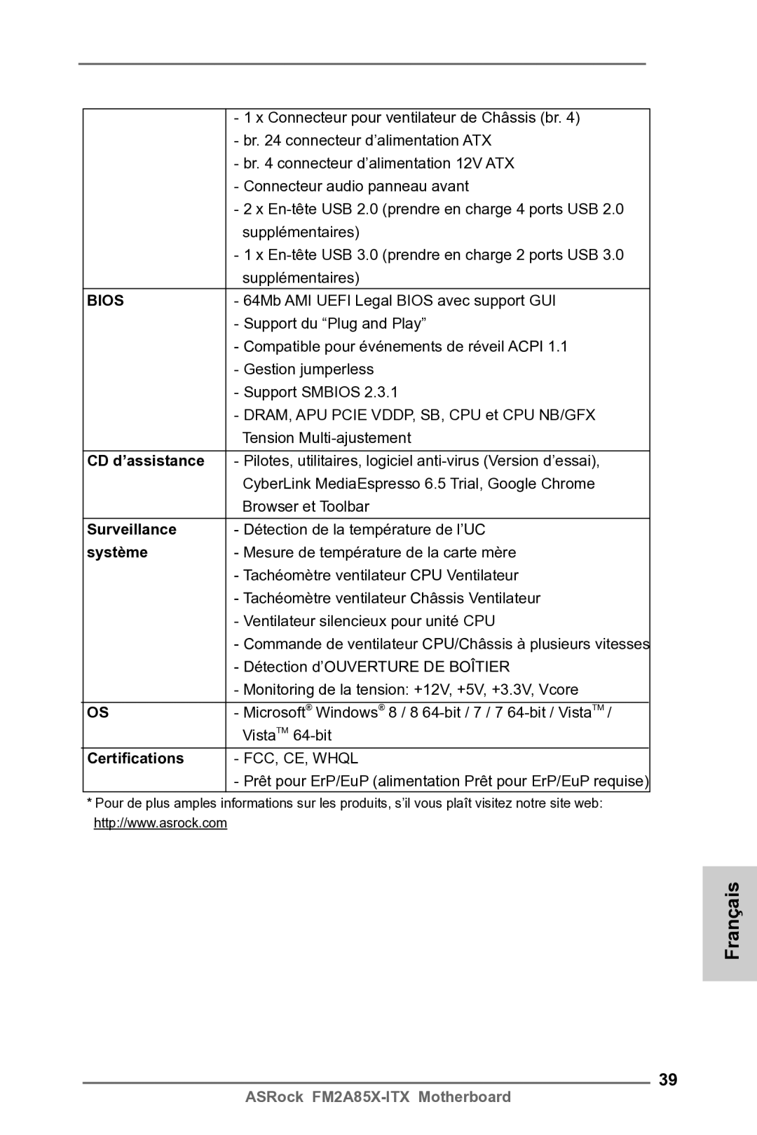 ASRock FM2A85X-ITX manual CD d’assistance, Surveillance, Système 