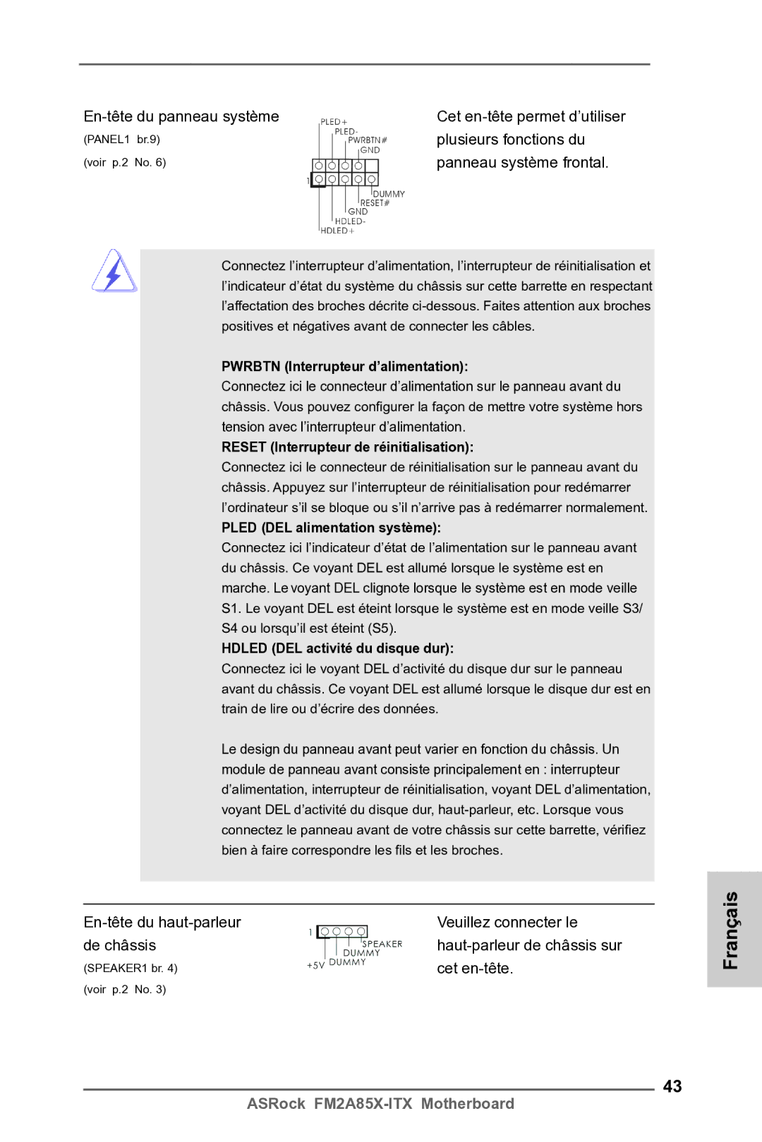 ASRock FM2A85X-ITX manual En-tête du panneau système Cet en-tête permet d’utiliser, Plusieurs fonctions du 