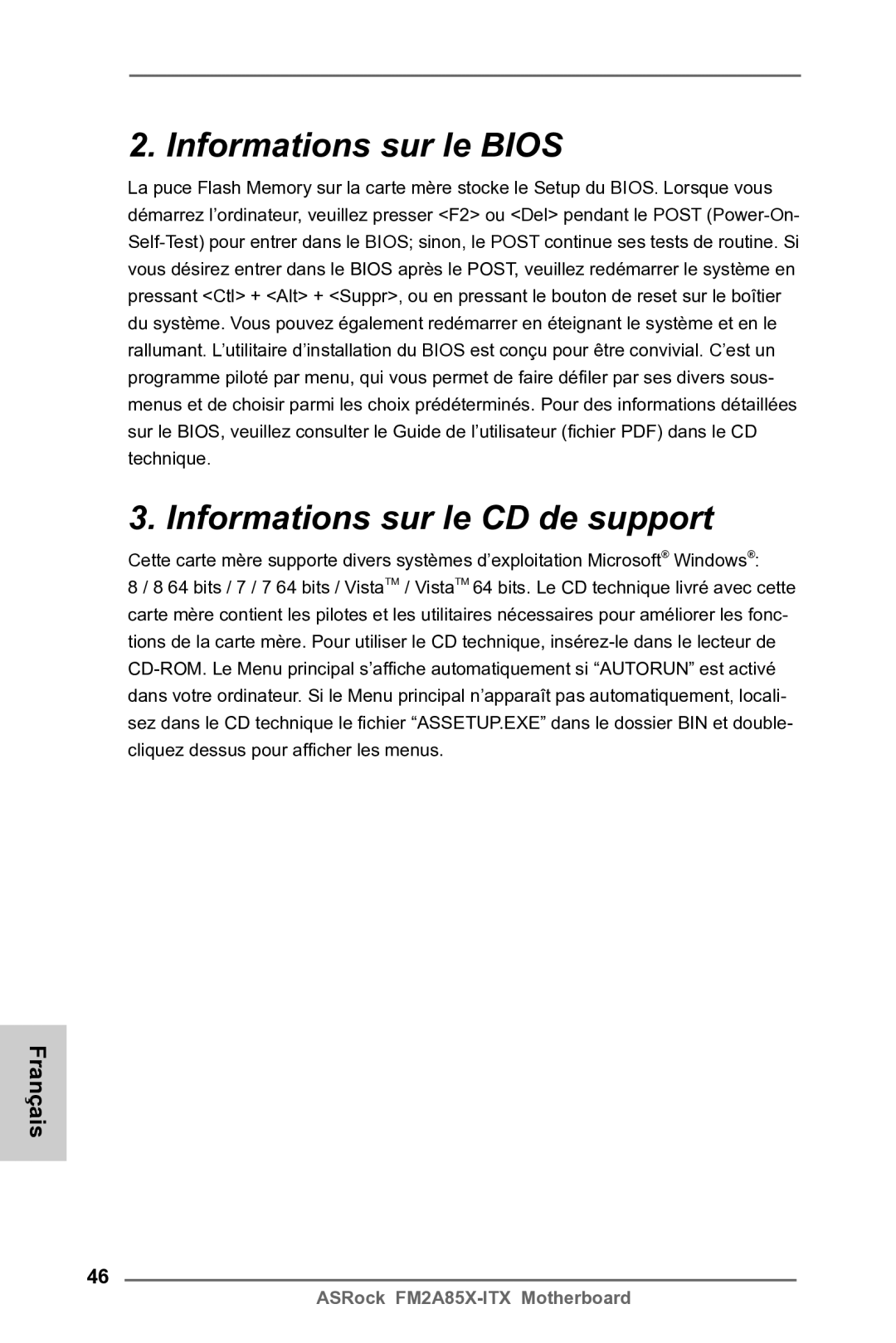 ASRock FM2A85X-ITX manual Informations sur le Bios Informations sur le CD de support 