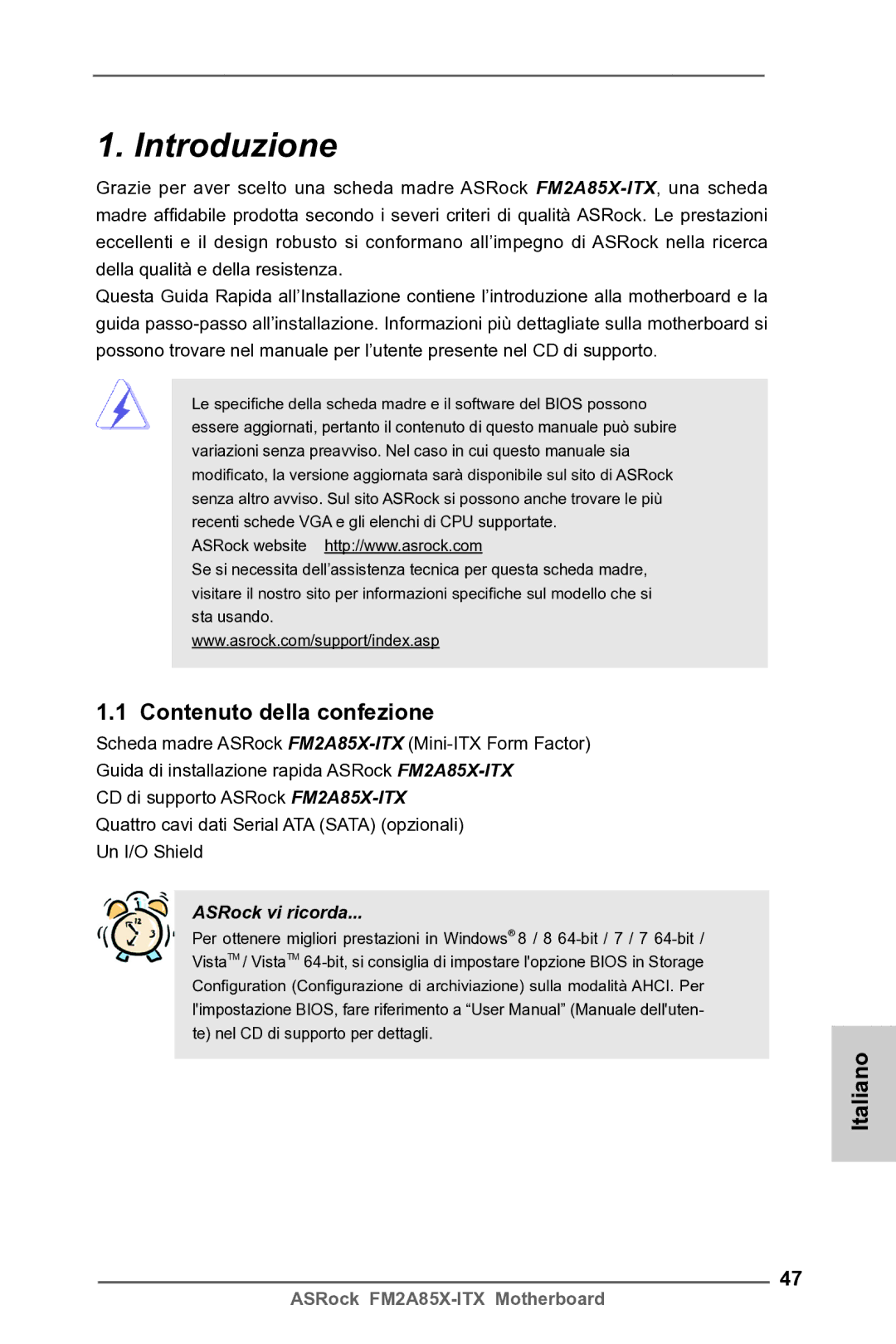 ASRock FM2A85X-ITX manual Introduzione, Contenuto della confezione, Italiano 