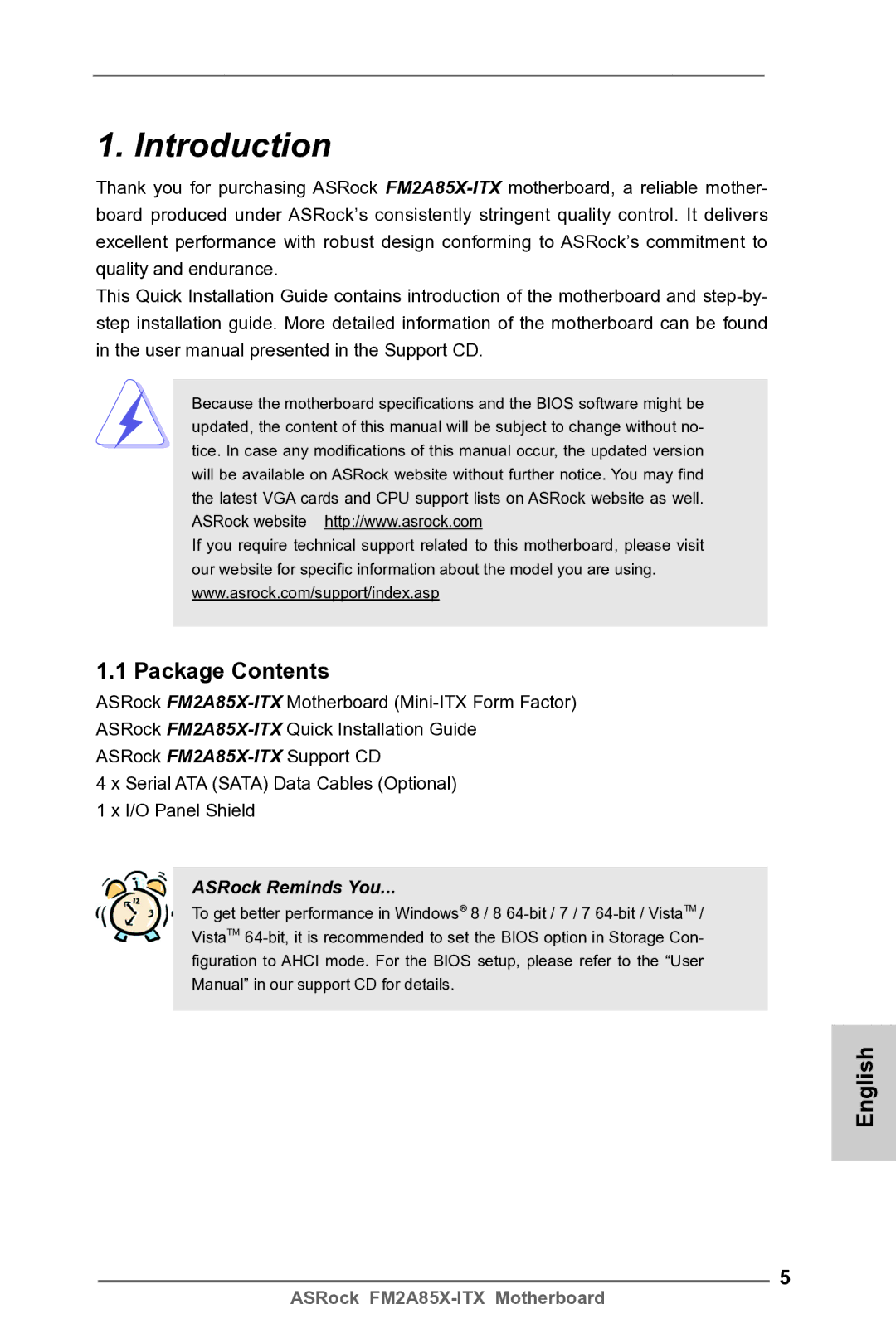 ASRock FM2A85X-ITX manual Introduction, Package Contents 