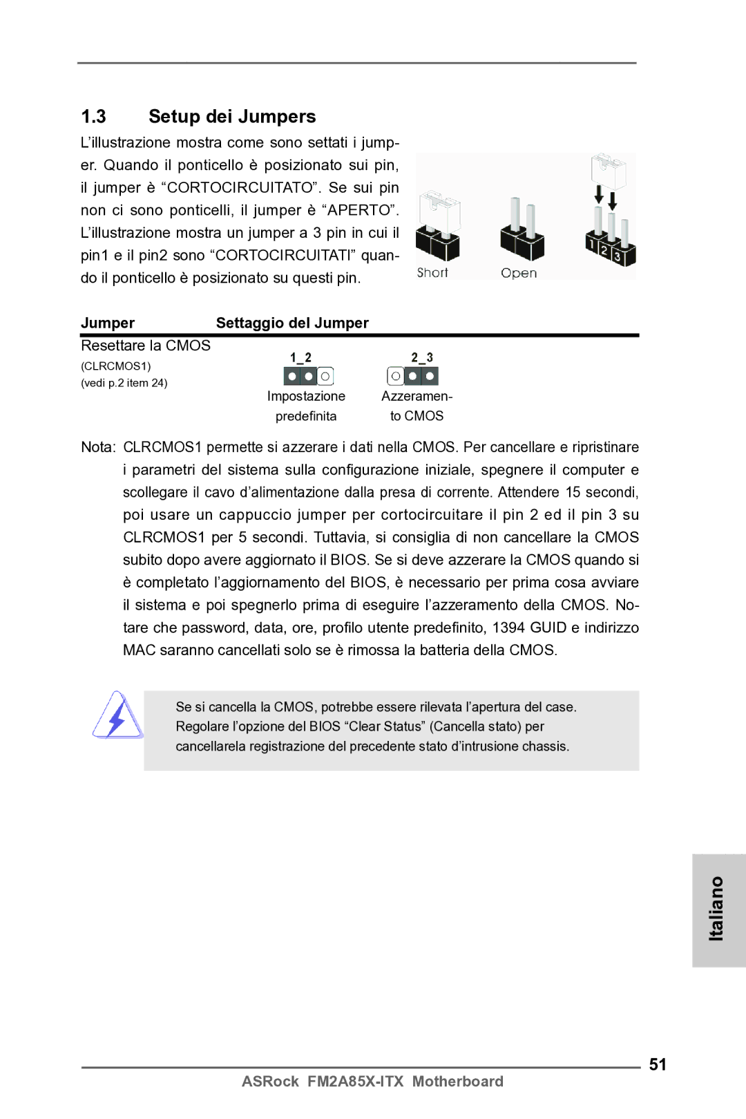 ASRock FM2A85X-ITX manual Setup dei Jumpers, Jumper Settaggio del Jumper, Resettare la Cmos 