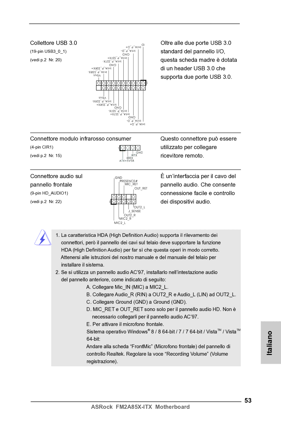 ASRock FM2A85X-ITX manual Connettore modulo infrarosso consumer, Pannello frontale 