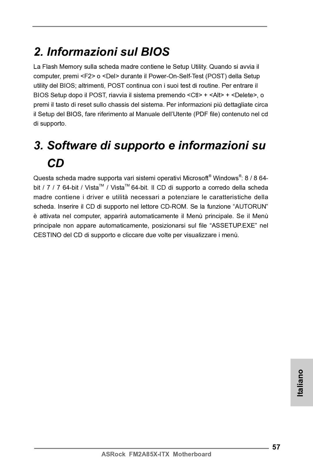 ASRock FM2A85X-ITX manual Informazioni sul Bios Software di supporto e informazioni su 