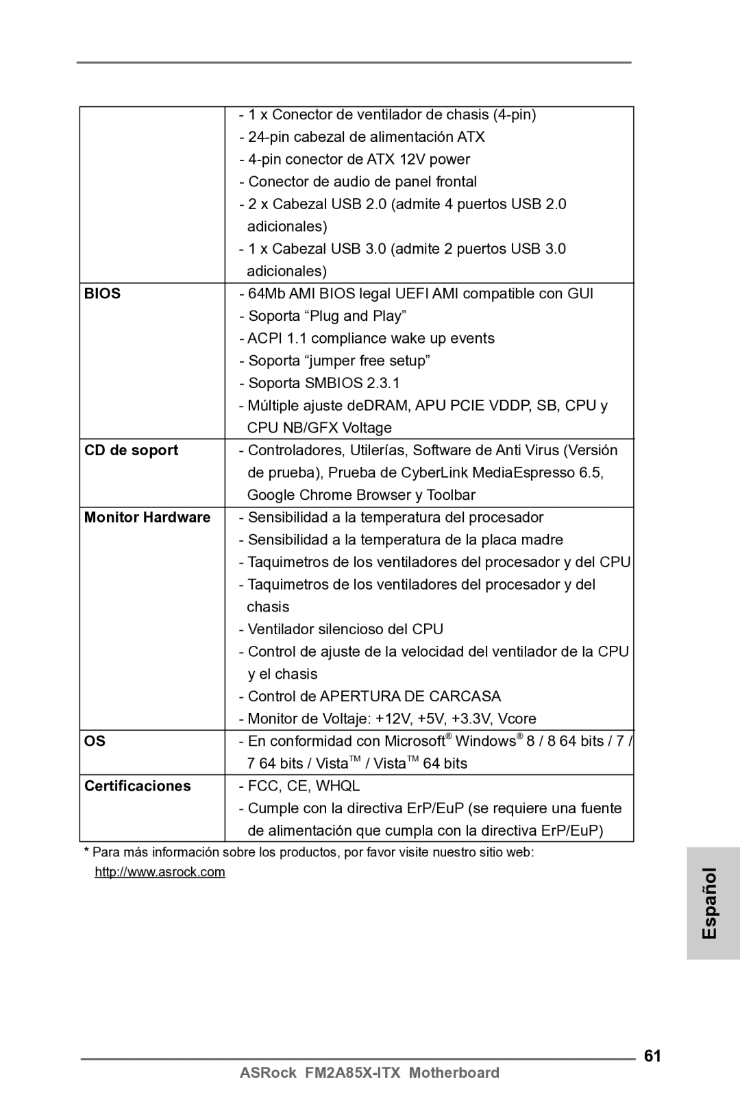 ASRock FM2A85X-ITX manual CD de soport, Monitor Hardware, Certificaciones 