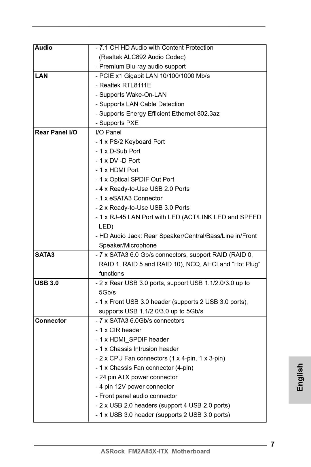 ASRock FM2A85X-ITX manual Audio, Rear Panel I/O, Usb, Connector 