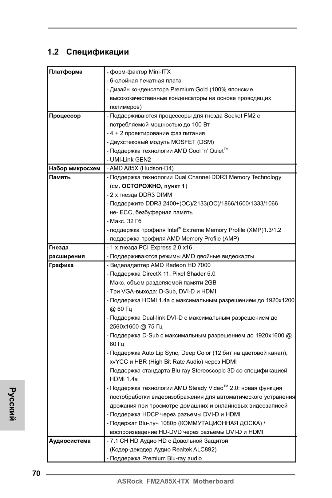 ASRock FM2A85X-ITX manual Русский Спецификации 