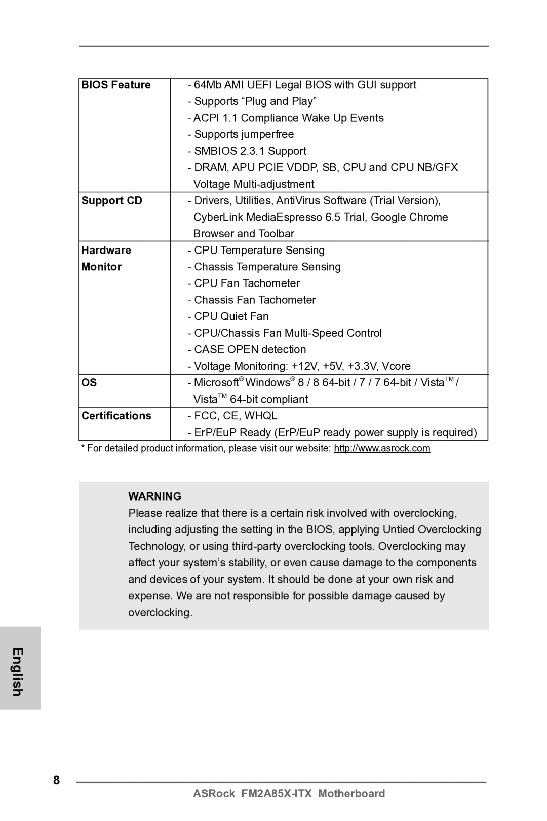 ASRock FM2A85X-ITX manual Bios Feature, Support CD, Hardware, Monitor, Certifications 