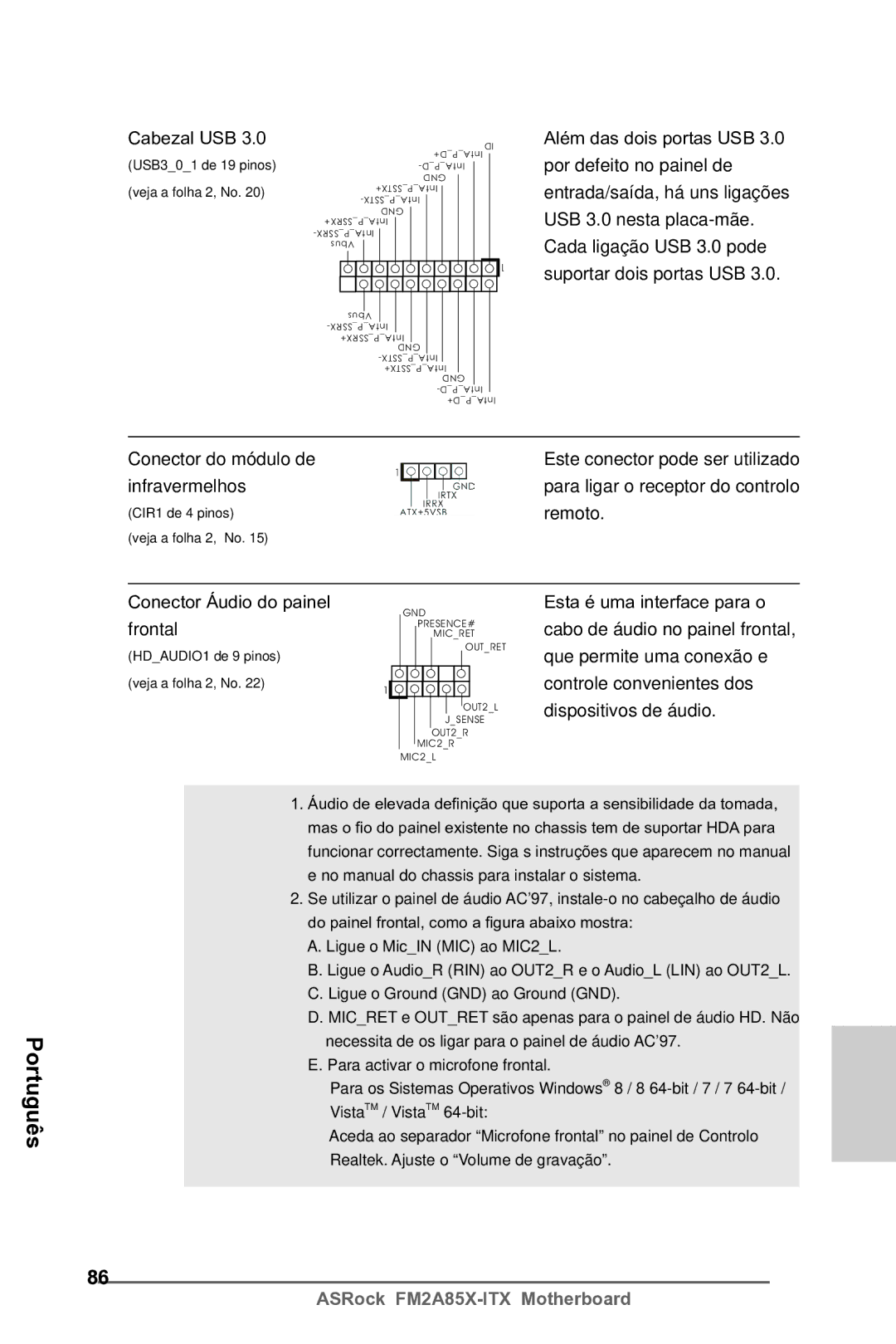 ASRock FM2A85X-ITX manual Infravermelhos, Remoto, Conector Áudio do painel, Que permite uma conexão e 