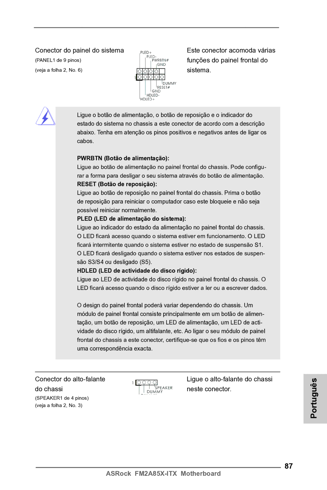 ASRock FM2A85X-ITX manual Conector do painel do sistema, Funções do painel frontal do, Conector do alto-falante 