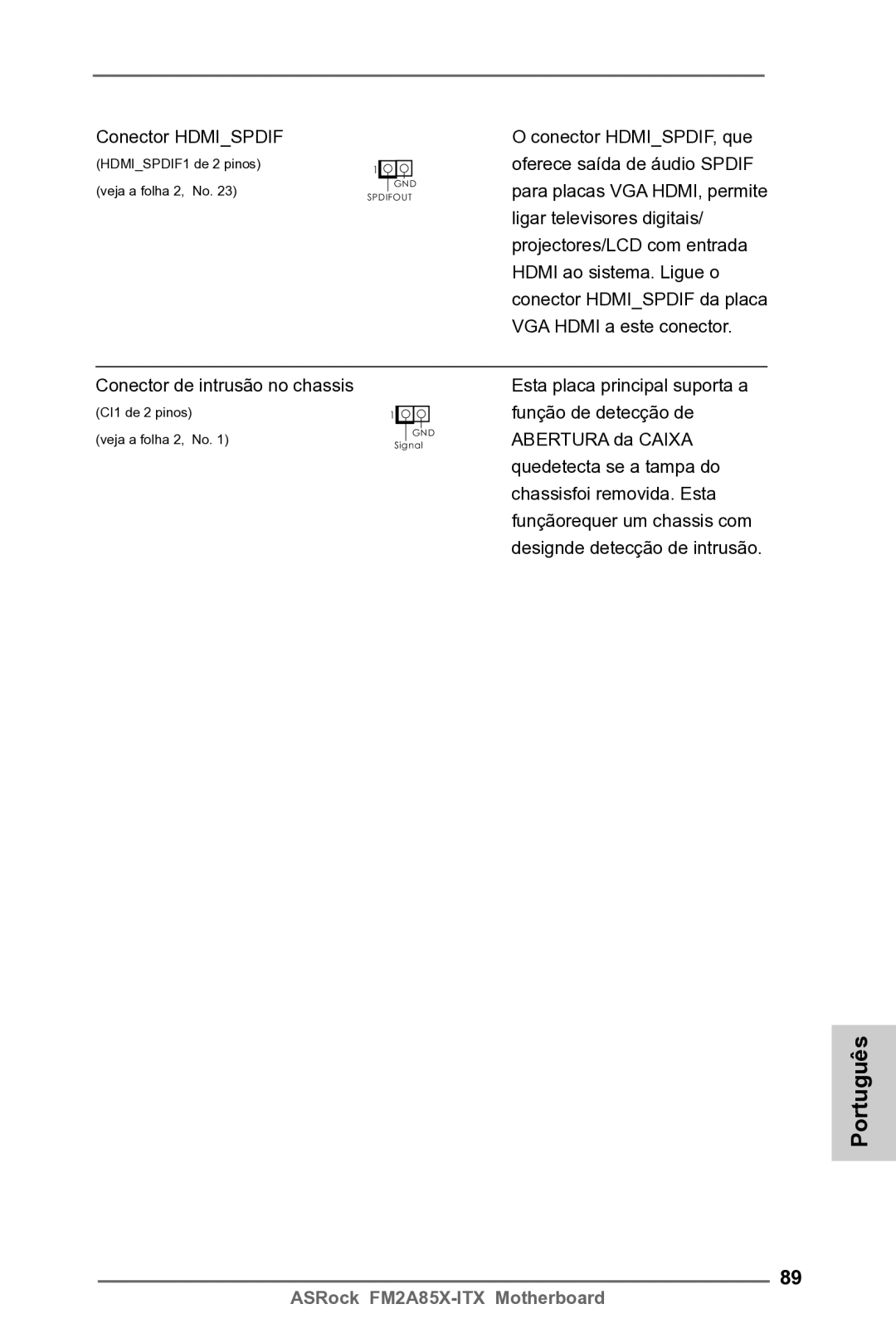 ASRock FM2A85X-ITX manual HDMISPDIF1 de 2 pinos veja a folha 2, No 