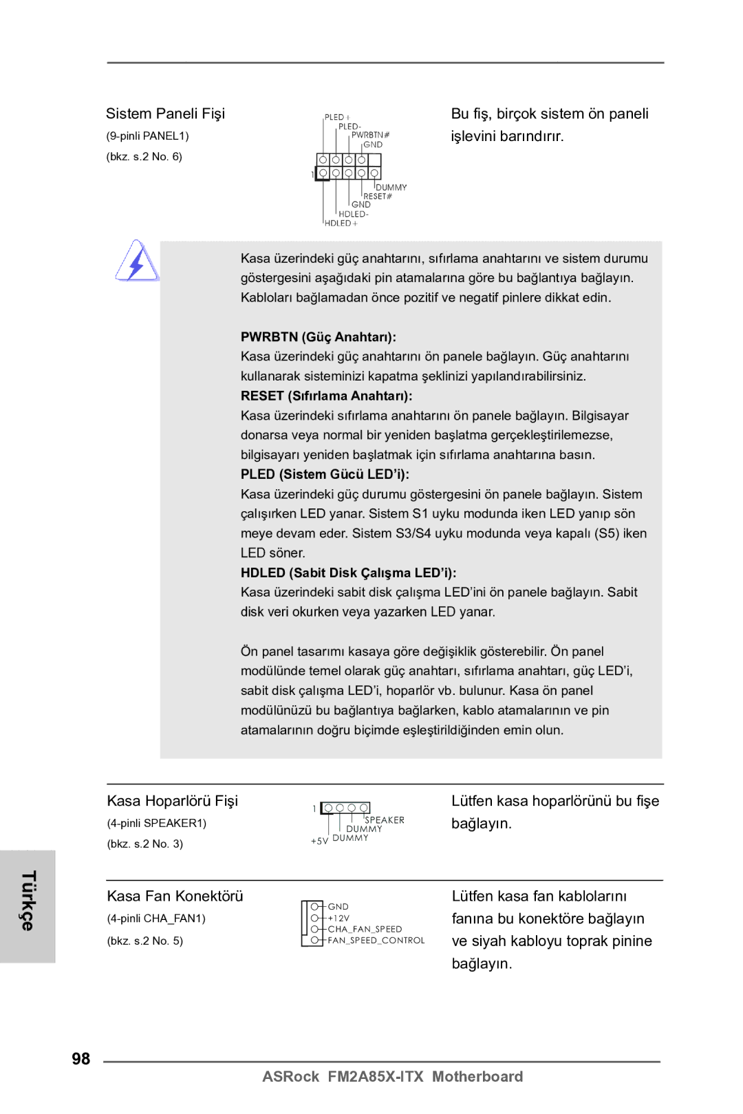 ASRock FM2A85X-ITX manual Sistem Paneli Fişi, Işlevini barındırır, Kasa Hoparlörü Fişi, Bağlayın, Kasa Fan Konektörü 