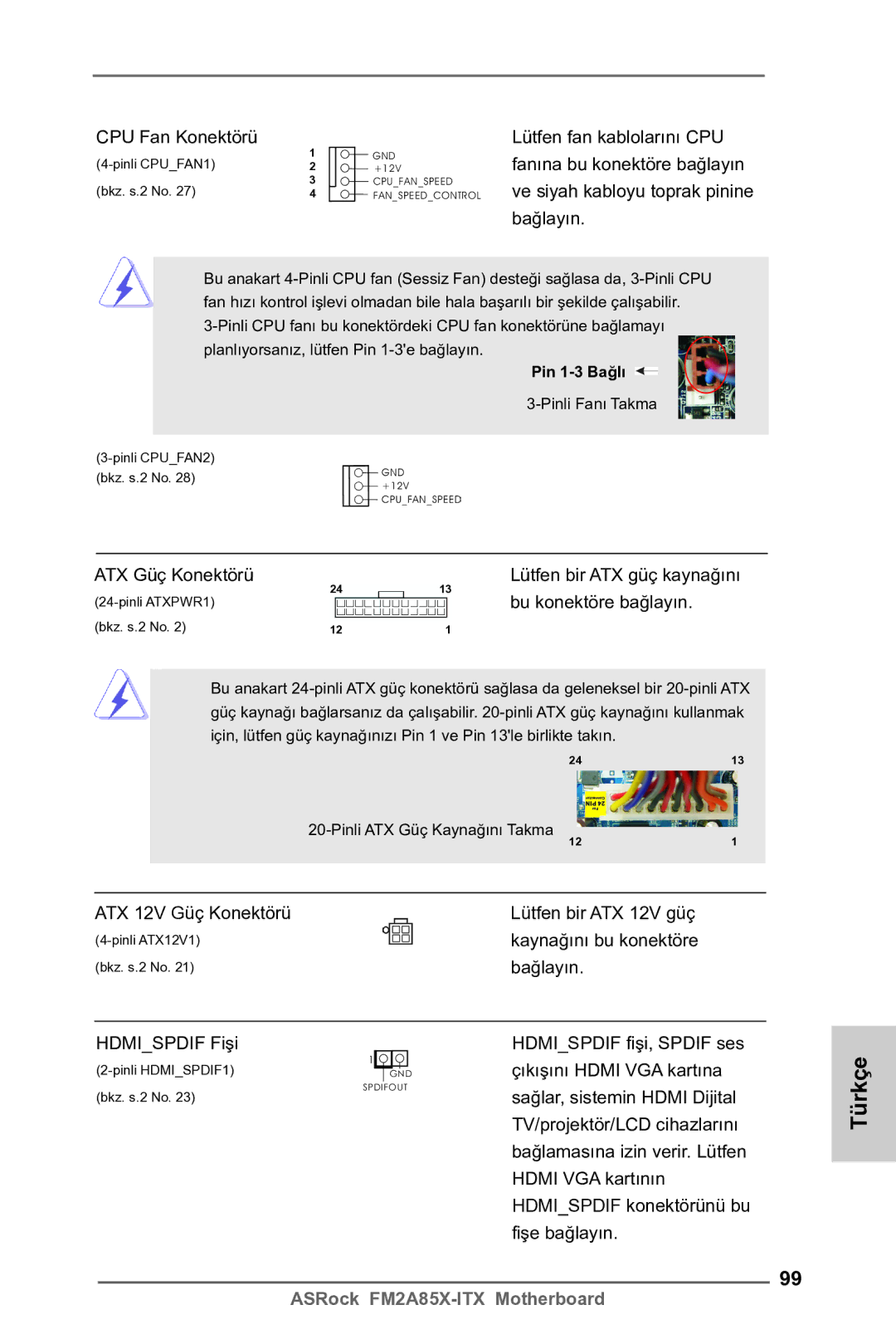ASRock FM2A85X-ITX manual CPU Fan Konektörü Lütfen fan kablolarını CPU, ATX 12V Güç Konektörü Lütfen bir ATX 12V güç 
