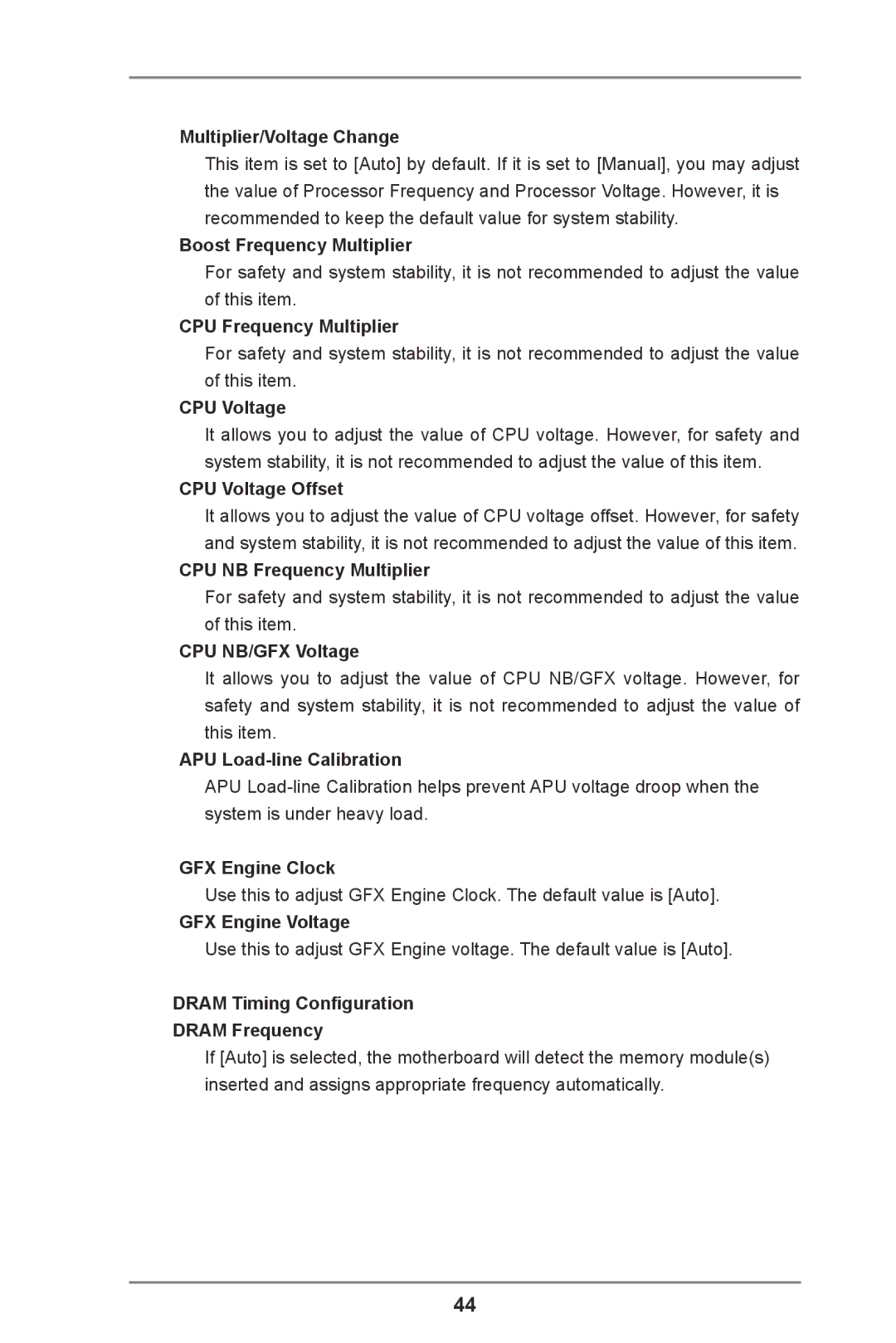 ASRock FM2A85X Pro manual Multiplier/Voltage Change, Boost Frequency Multiplier, CPU Frequency Multiplier, CPU Voltage 