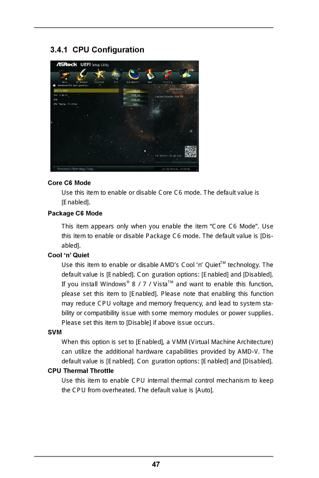 ASRock FM2A85X Pro manual CPU Configuration, Core C6 Mode, Package C6 Mode, Cool ‘n’ Quiet, CPU Thermal Throttle 