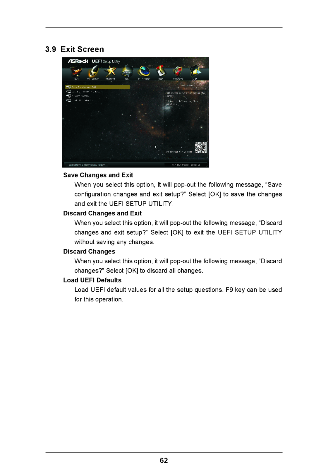 ASRock FM2A85X Pro manual Exit Screen, Save Changes and Exit, Discard Changes and Exit, Load Uefi Defaults 