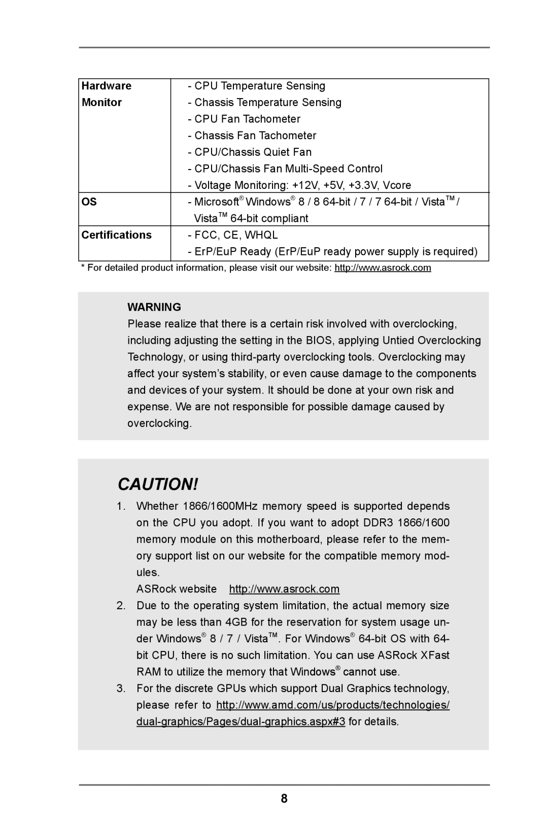 ASRock FM2A85X Pro manual Hardware, Monitor, Certifications 