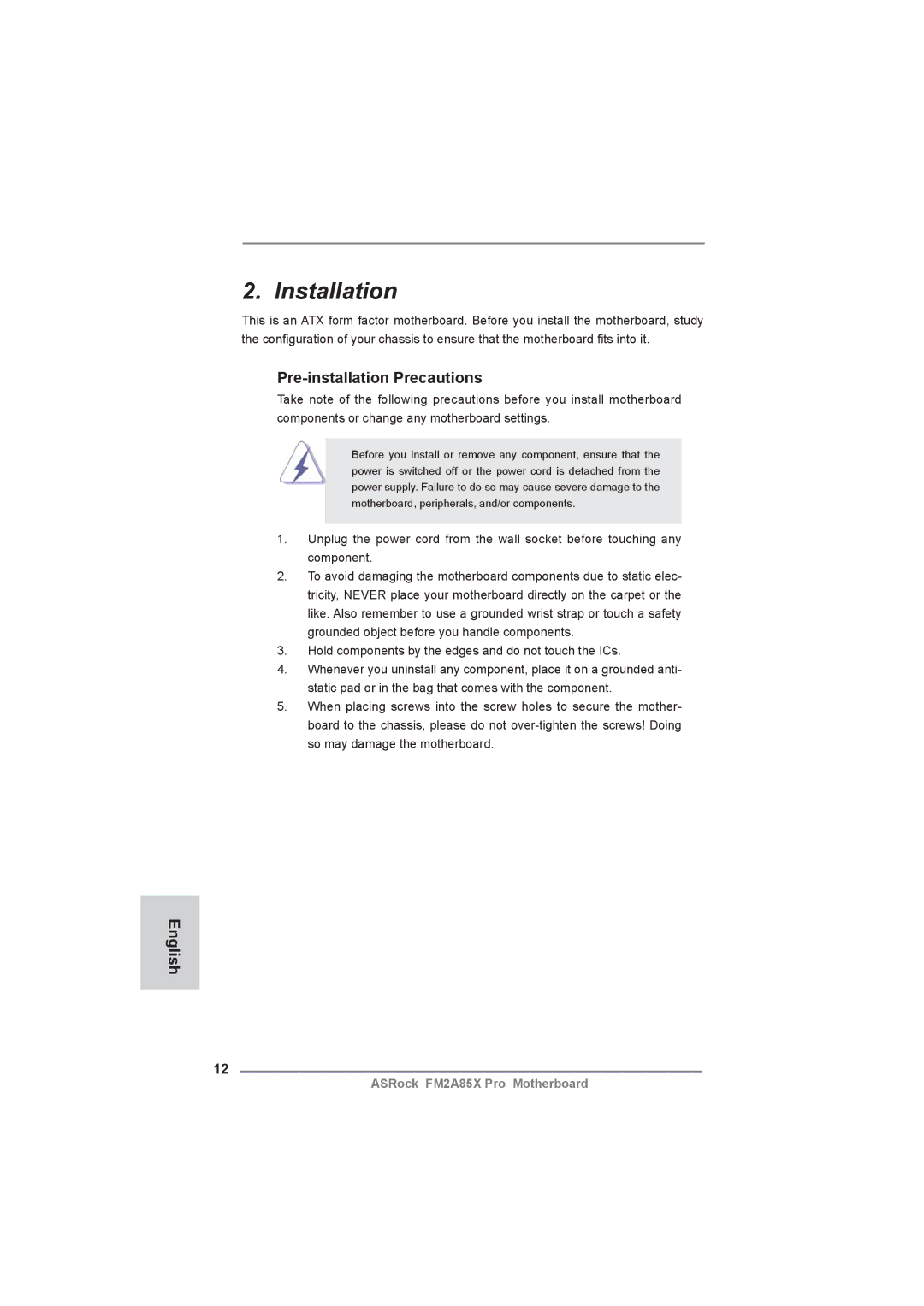 ASRock FM2A85X Pro manual Installation, Pre-installation Precautions 