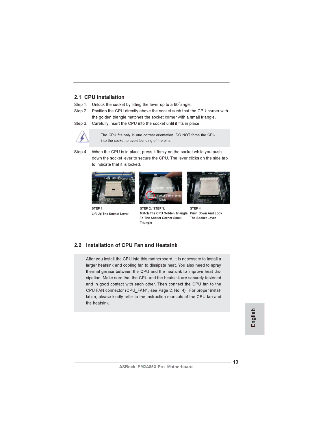 ASRock FM2A85X Pro manual CPU Installation, Installation of CPU Fan and Heatsink English 