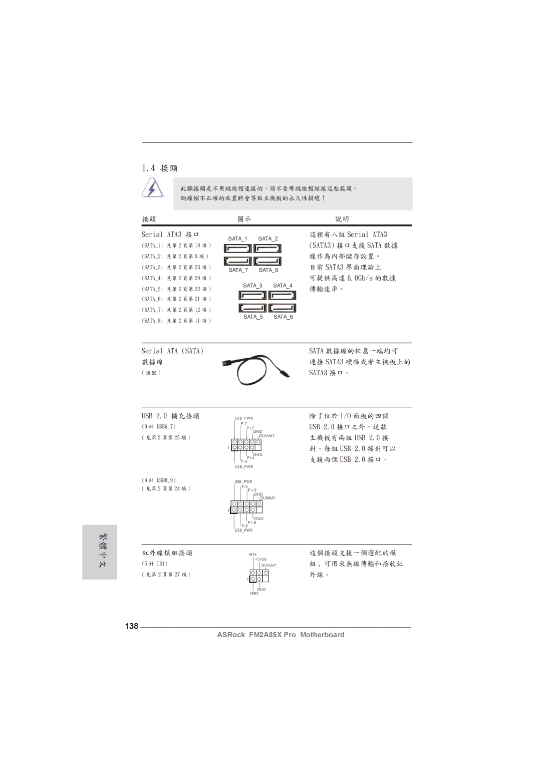 ASRock FM2A85X Pro manual 138, Serial ATA3 接口, Serial ATA Sata, SATA3 接口。, USB 2.0 擴充接頭 