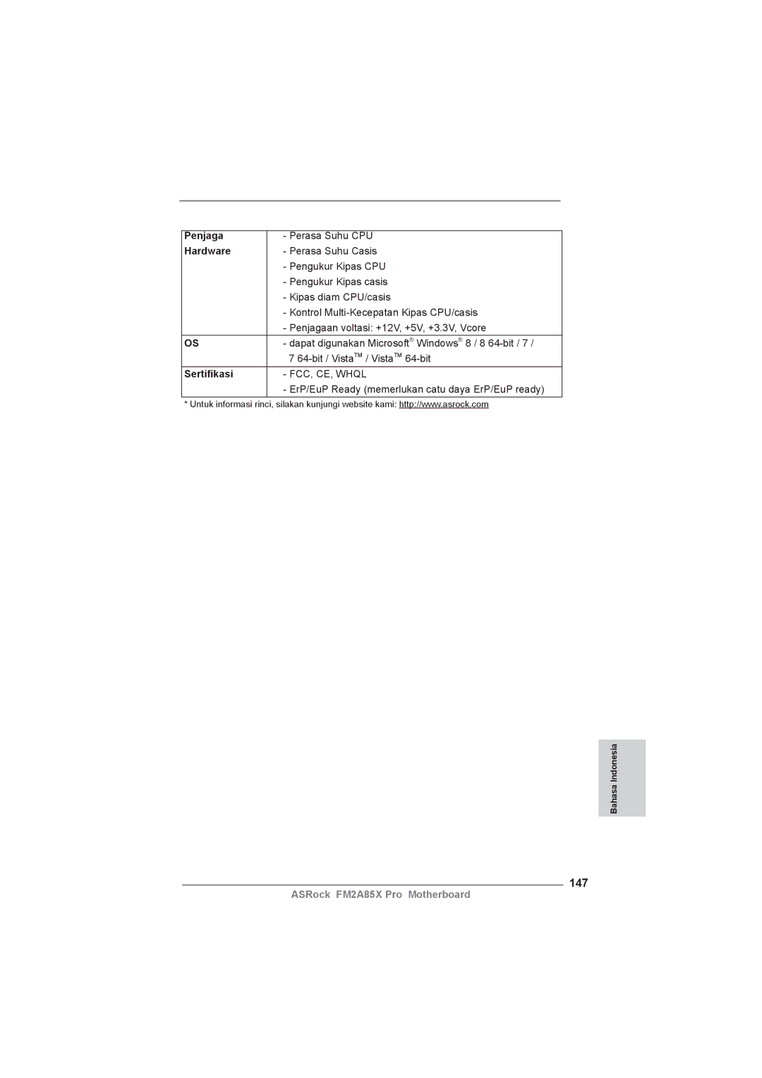 ASRock FM2A85X Pro manual 147, Penjaga, Sertiﬁkasi 