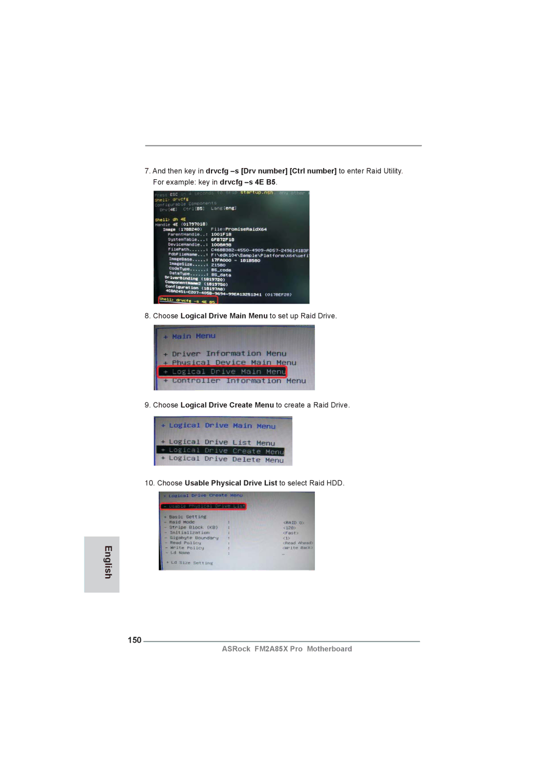 ASRock FM2A85X Pro manual 150, Choose Usable Physical Drive List to select Raid HDD 