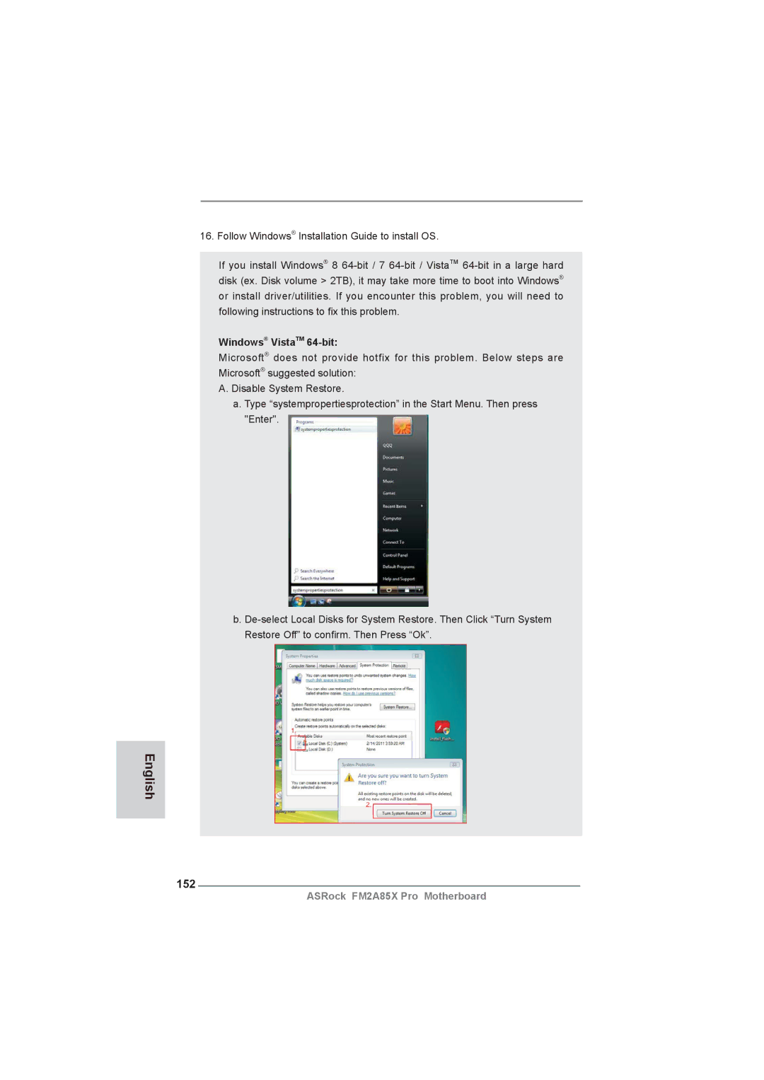 ASRock FM2A85X Pro manual 152, Windows VistaTM 64-bit 