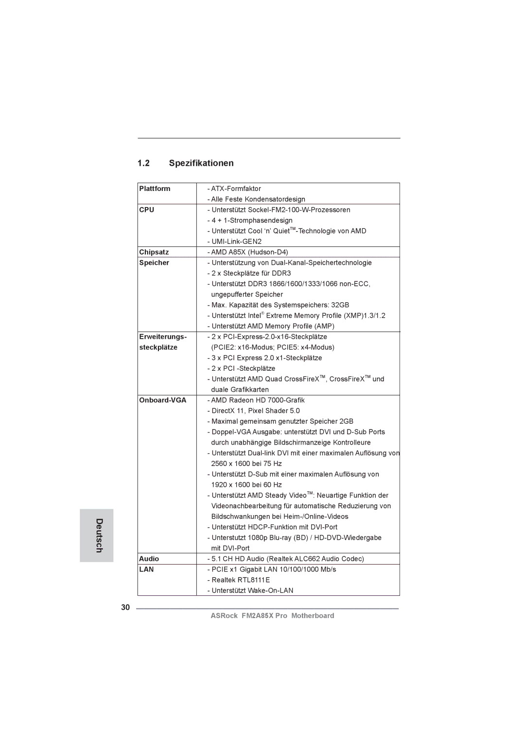 ASRock FM2A85X Pro manual Speziﬁkationen Deutsch 