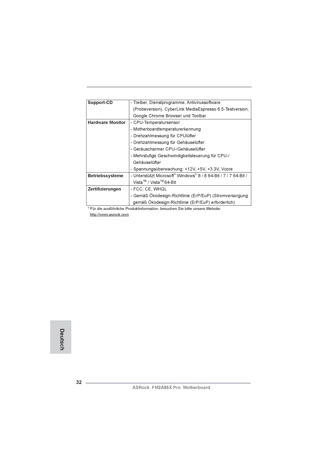 ASRock FM2A85X Pro manual Support-CD, Betriebssysteme, Zertiﬁzierungen 