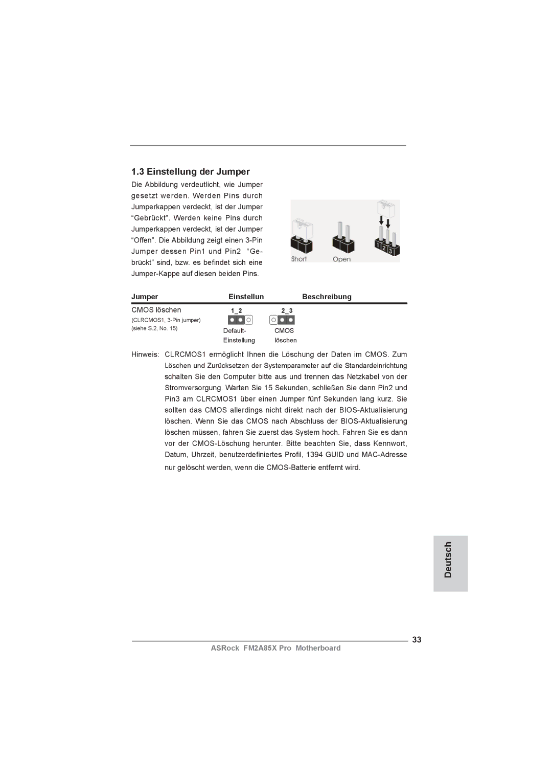 ASRock FM2A85X Pro manual Einstellung der Jumper, Jumper Einstellun Beschreibung, Cmos löschen 