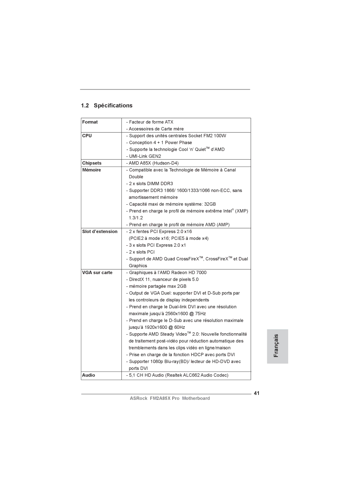 ASRock FM2A85X Pro manual Spéciﬁcations 