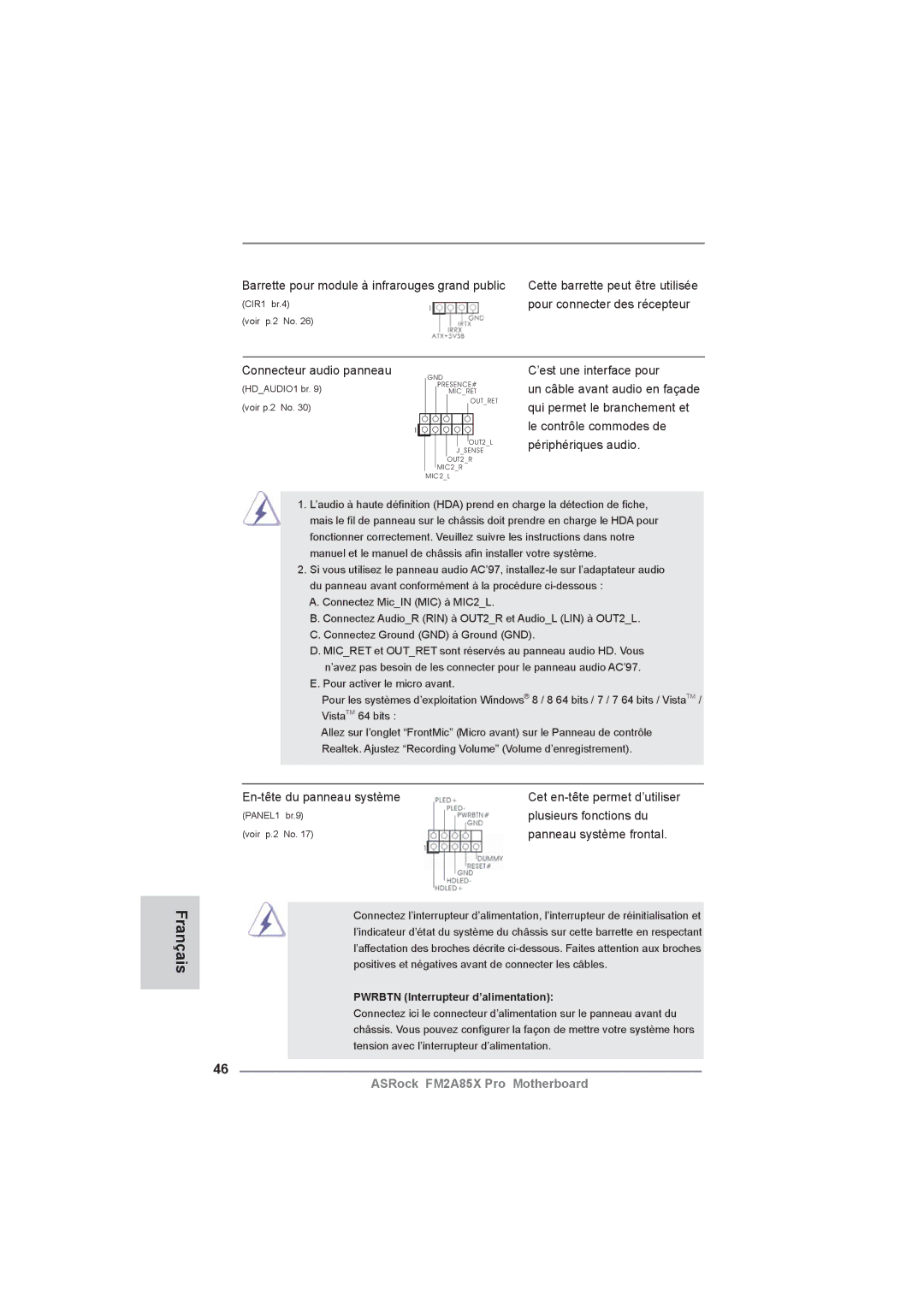 ASRock FM2A85X Pro manual Pour connecter des récepteur, Connecteur audio panneau, Qui permet le branchement et 